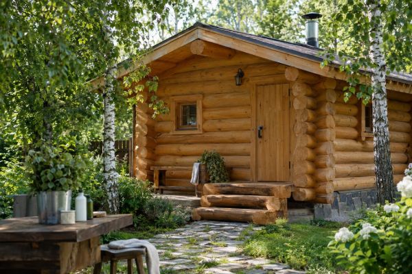 текст Деревянная баня снаружи с обработанными пропиткой брёвнами